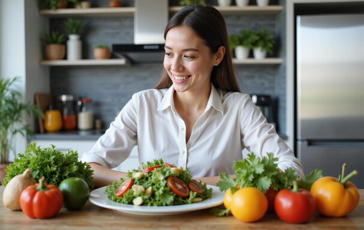 Fiatal nő mosolyogva néz egy tápláló salátára, körülötte friss zöldségek és gyümölcsök egy modern konyhában.